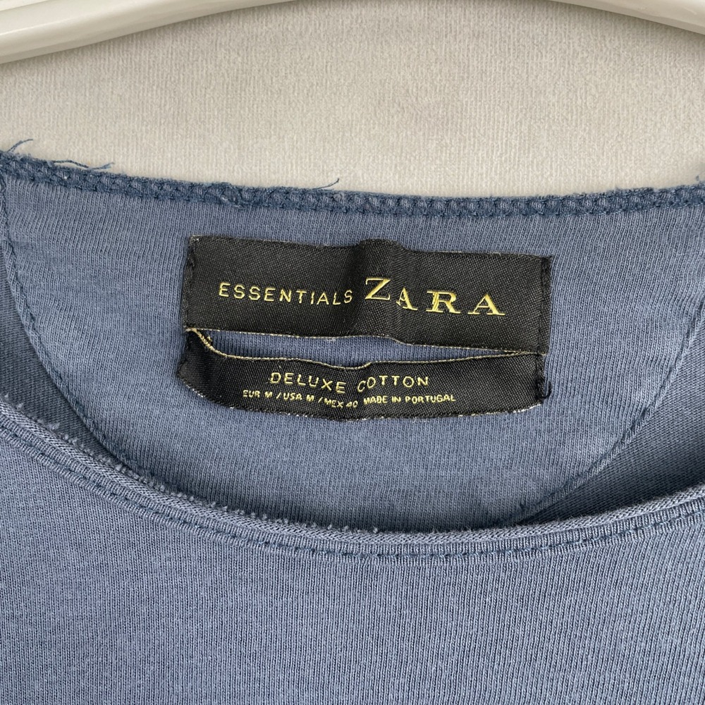 Zara Essentials Deluxe Cotton T-Shirt Wmn M Slate Blue Chic Raw Neck Portugal - Picture 5 of 8